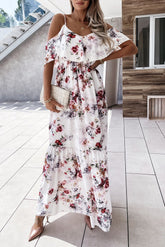 Weißes, schulterfreies Maxikleid mit Blumenmuster